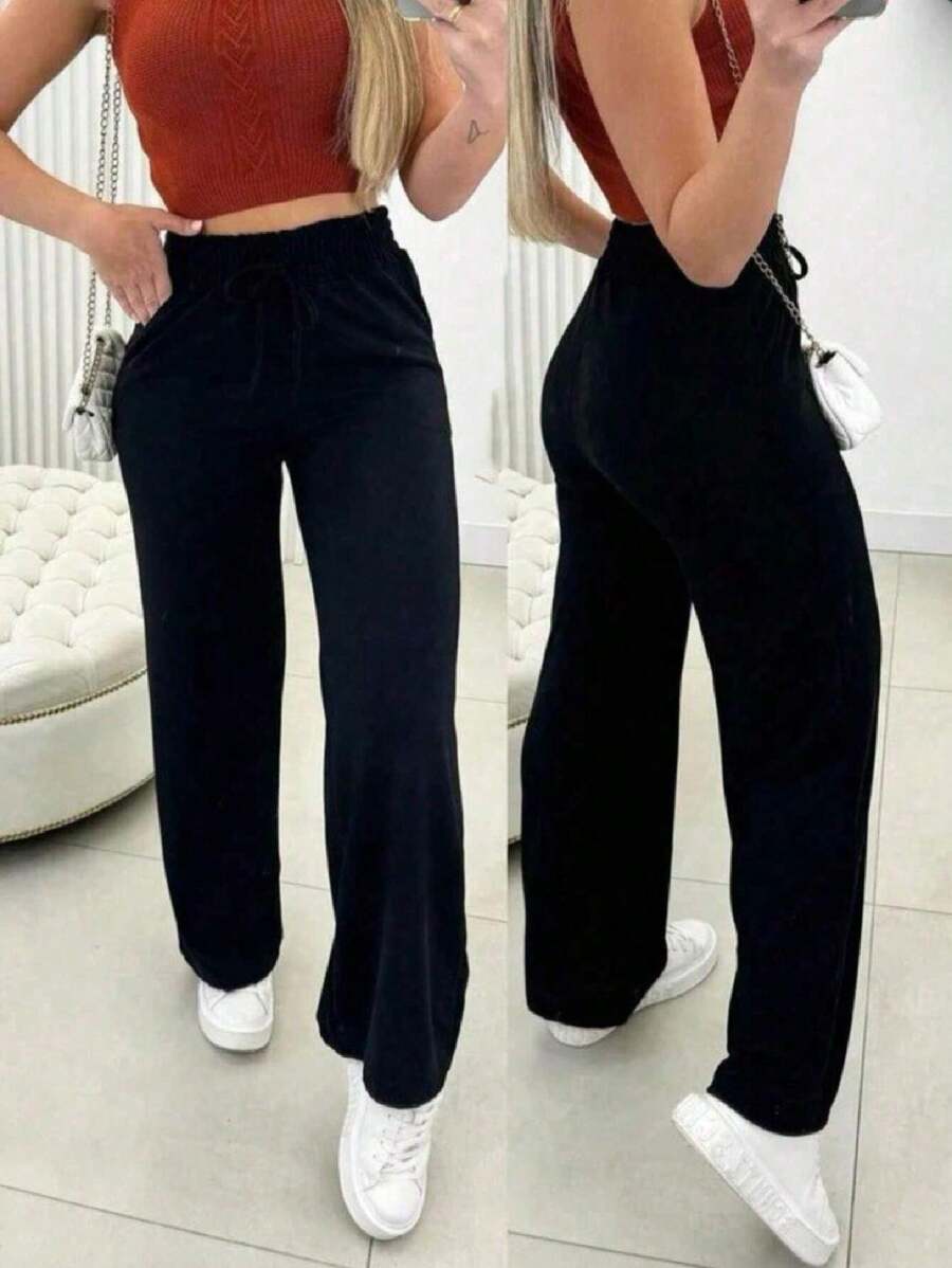 Women's High Waisted Lace-Up Palazzo Pants With Pockets In Winter - màu đen - Xem 1
