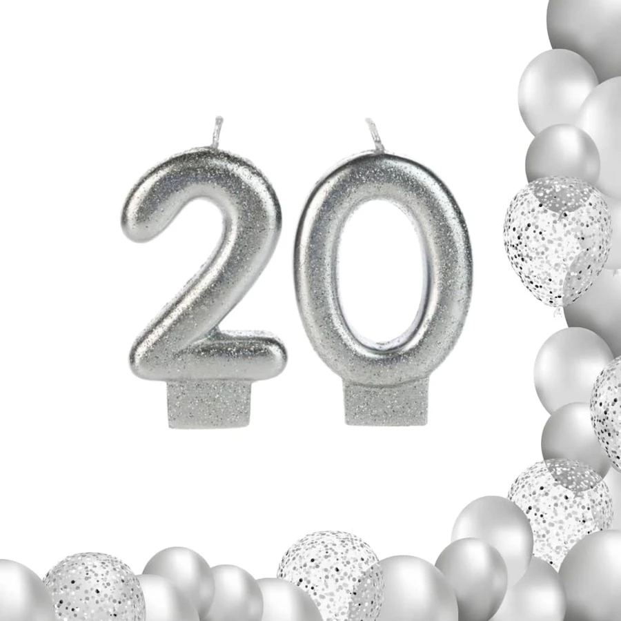 2 Velas De Aniversario Numero Prata Prateada Glitter Brilho - 20 anos - Visão 1