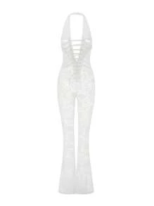 Women Lace Jumpsuits Halter Neck Cross Backless Sleeveless Long Rompers Summer Slim Playsuits Clubwear - White - View 5