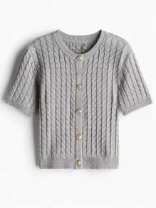 女士休闲纯色圆领纽扣前短袖开襟短款针织上衣开衫毛衣，开襟衫针织短款纽扣圆领轻便上衣女士长袖柔软衬衫复古 Y2k，春夏秋冬 - 灰色 - 查看 9