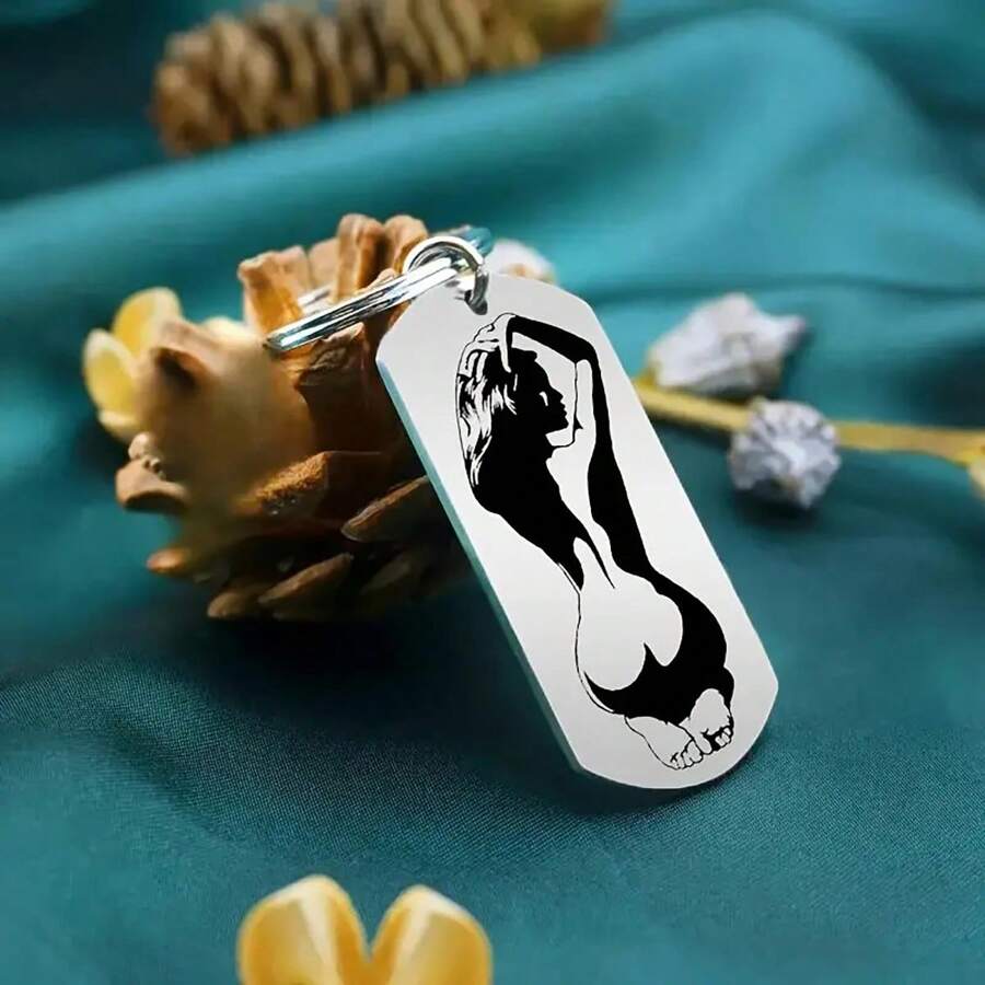 时尚不锈钢动漫风格钥匙扣 - 完美的情人节礼物，时尚矩形设计带圆环 - 銀色 - 查看 1