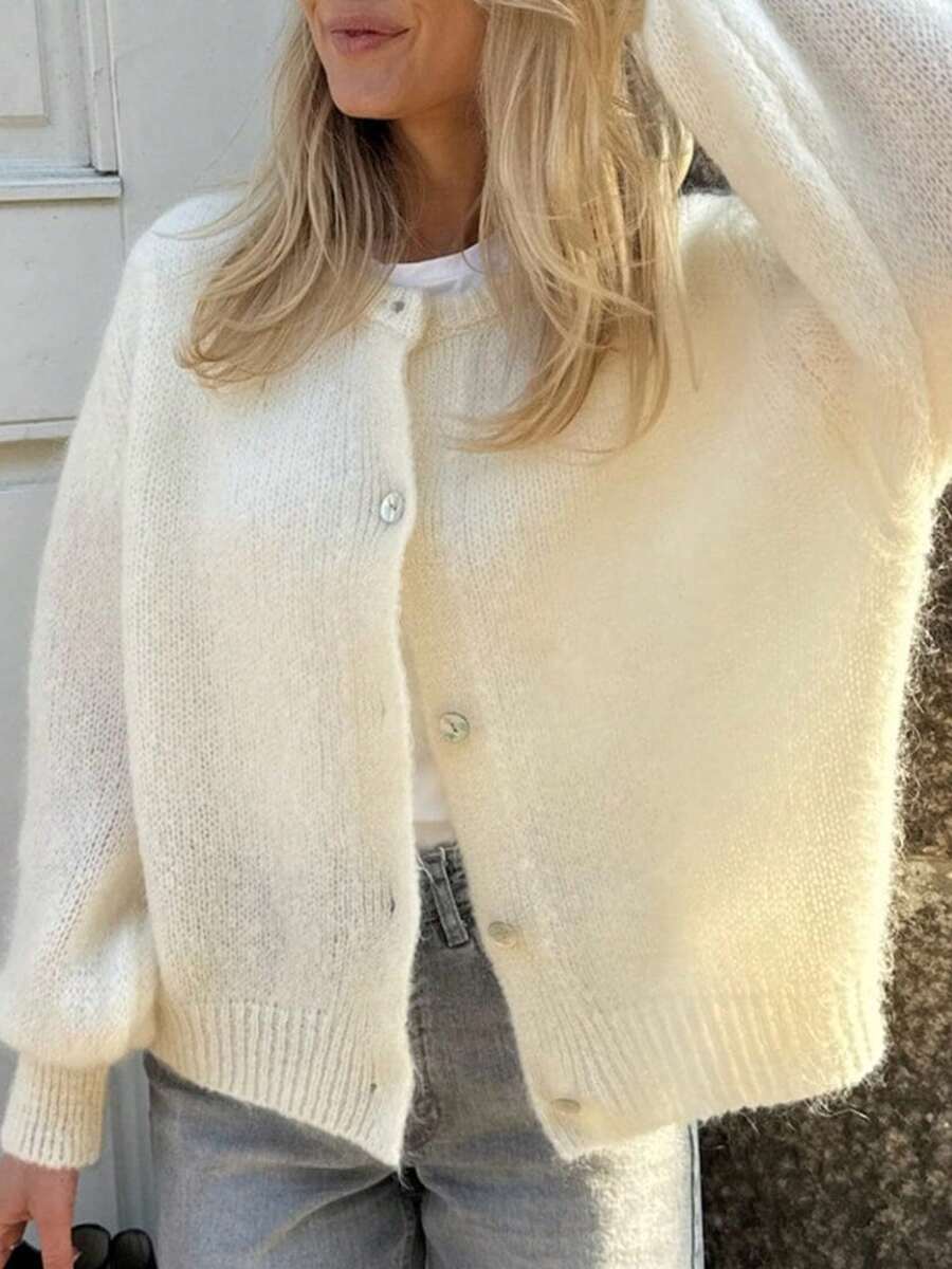 Women Button Up Sweaters Casual Lightweight Solid Color Knit Cardigans Warm Knitwear - White - View 1
