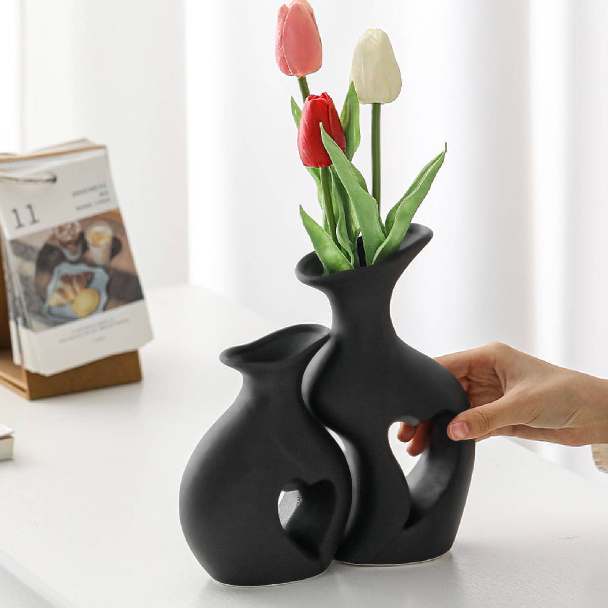 树脂花瓶 2 件套现代家居装饰镂空波西米亚花瓶客厅中心桌婚礼装饰（依偎）最佳情人节生日礼物