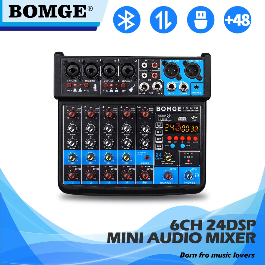 BOMGE 6 Channel Mini DJ Audio Sound Mixer Interface With MP3, USB, Bluetooth , Stereo Recording, 48V Phantom Power, 24 DSP For Karaoke, Performance, Streaming - Black - View 1