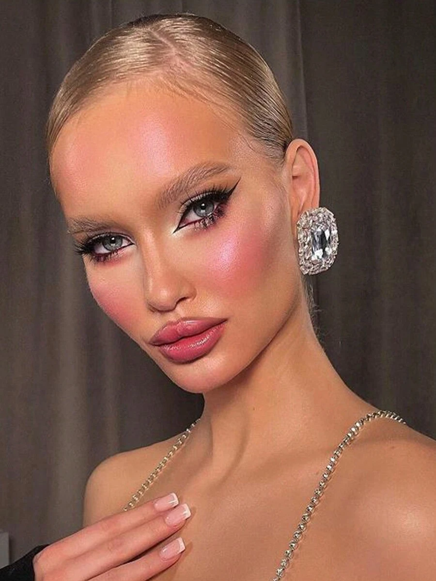 1 Pair Silver Geometric Rhinestone Clip-On Earrings, Fashionable Stylish For Party, Banquet Wear