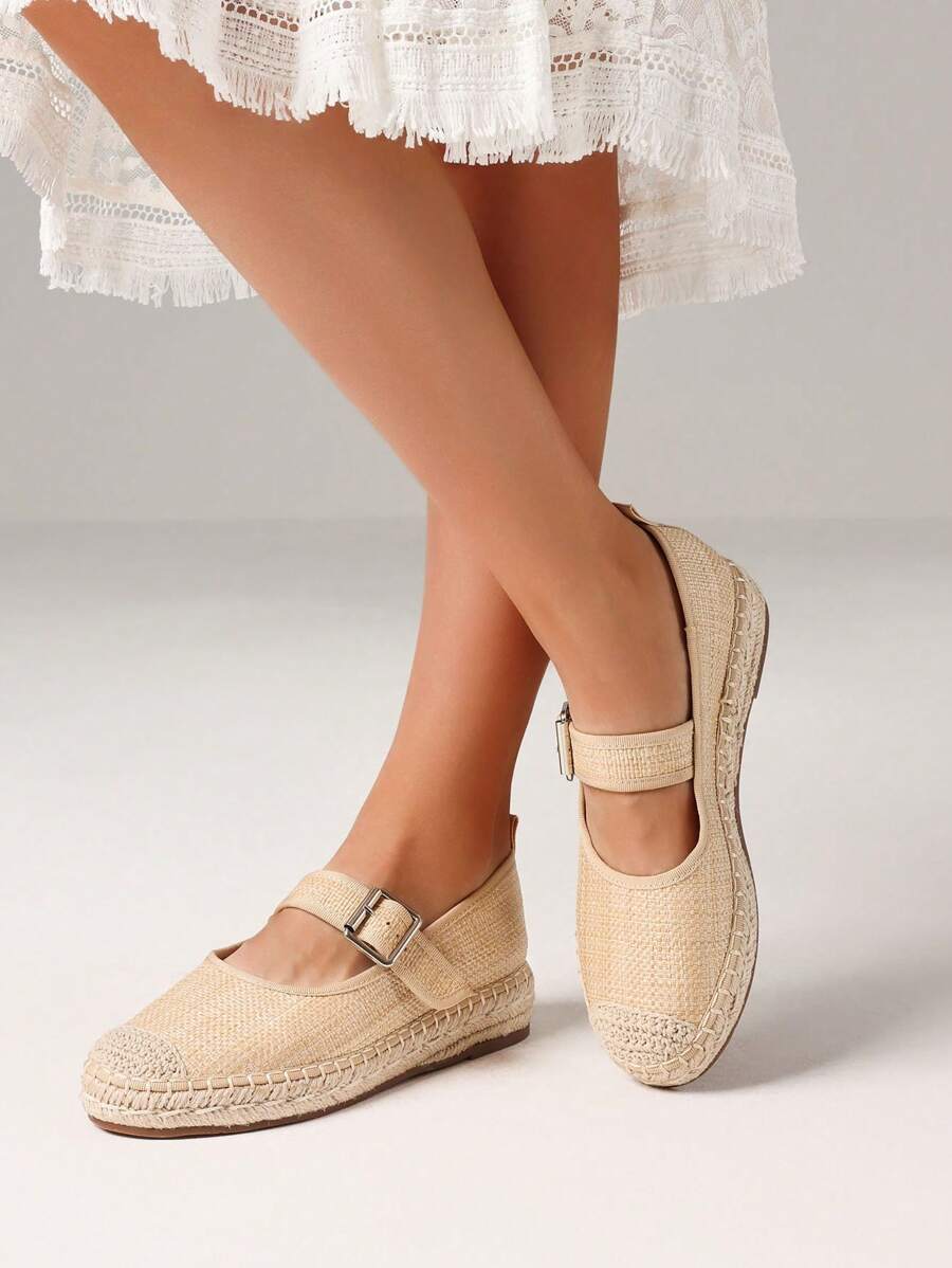 Women Espadrilles Mary Janes Flats Buckle Strap Round Toe Shallow Low Heel Shoes Platform Comfort All-Match Flats For Woman - Màu be - Xem 1