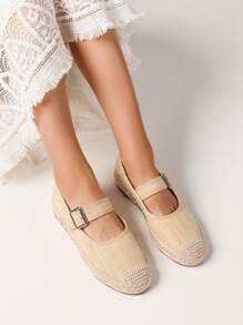 Women Espadrilles Mary Janes Flats Buckle Strap Round Toe Shallow Low Heel Shoes Platform Comfort All-Match Flats For Woman - Màu be - Xem 2
