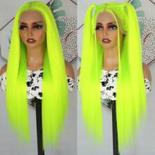 Gorgeous Neon Green Hair Synthetic Lace Front Wigs 28 Inch Pre Plucked Long Straight Hair Wigs Glueless Halloween Wigs Heat Resistant Fluorescent Green Straight Lace Front Wigs For Fashion Women For Daily Christmas Party Cosplay Use - 螢光綠 - 查看 5