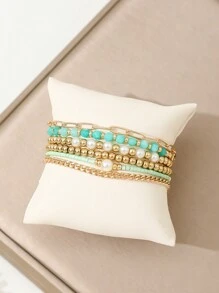 Bộ 6 vòng tay hạt CCB thời trang, vòng tay chuỗi kẹp giấy ngọc trai giả - Vàng - Xem 3