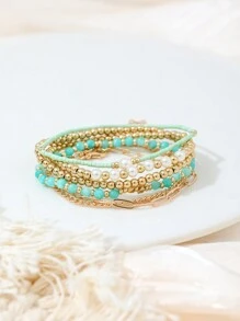 Bộ 6 vòng tay hạt CCB thời trang, vòng tay chuỗi kẹp giấy ngọc trai giả - Vàng - Xem 4