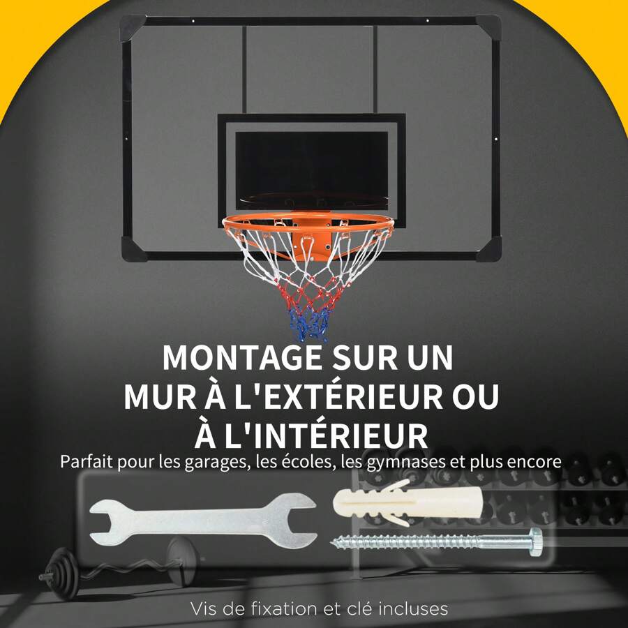 SPORTNOW Panier de basket mural, panier basket, avec panneau incassable, cerceau en acier et filet indéchirable, vis de montage et clé, pour extérieur, noir, transparent, orange - Noir - Voir 1