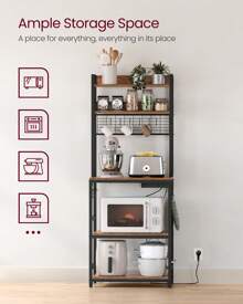 VASAGLE Kitchen Storage Rack With Power Outlet, Coffee Bar, Baker's Rack, With Metal Wire Panel, 14 Hooks, For Microwave, Steel Frame, 40 X 60 X 170 Cm, Rustic Brown And Ink Black