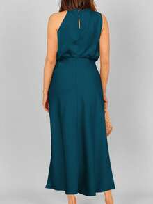 Solid Asymmetrical Neck Satin Dress - Teal Blue - View 4