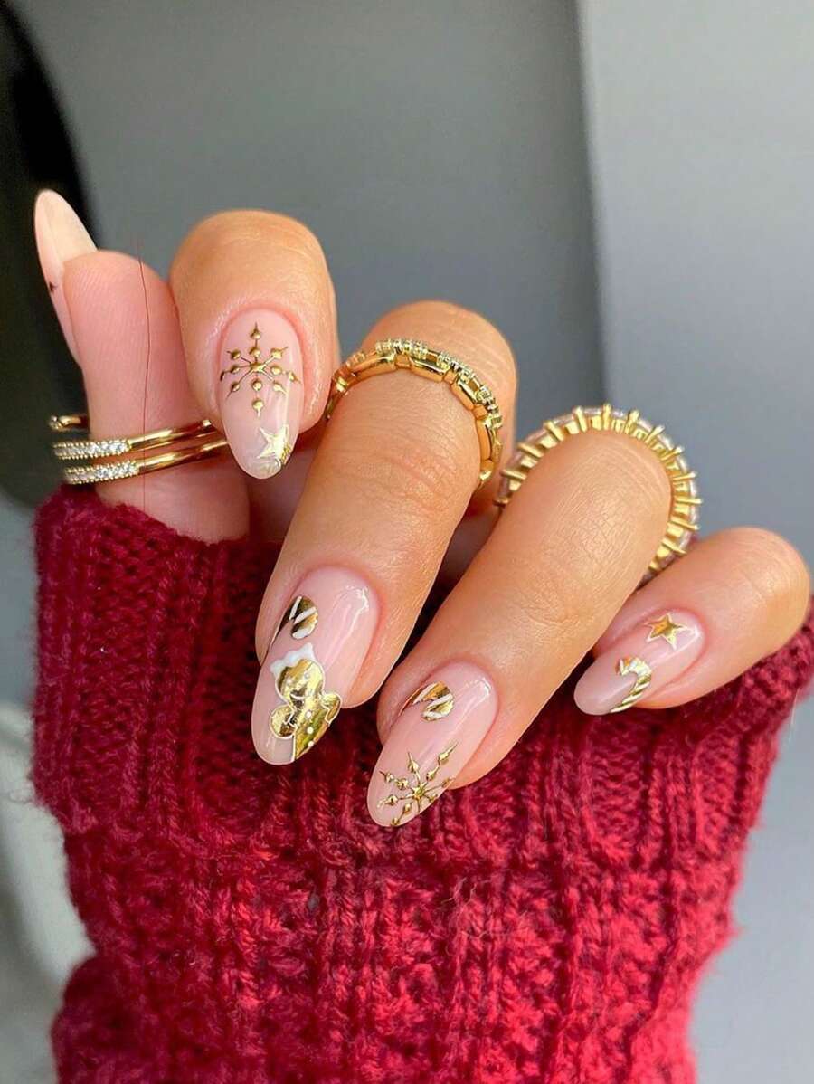 24 Miếng dán móng tay hình quả hạnh nhân Trung Quốc hoạt hình Giáng sinh Người đàn ông bánh gừng vàng Hoa tuyết Giáng sinh Mẫu móng tay dán (Kèm theo: Một miếng kẹo cao su 1 dải chà gốc) Thích hợp cho trang phục hàng ngày của phụ nữ, tiệc hẹn hò - Nhiều màu - Xem 1