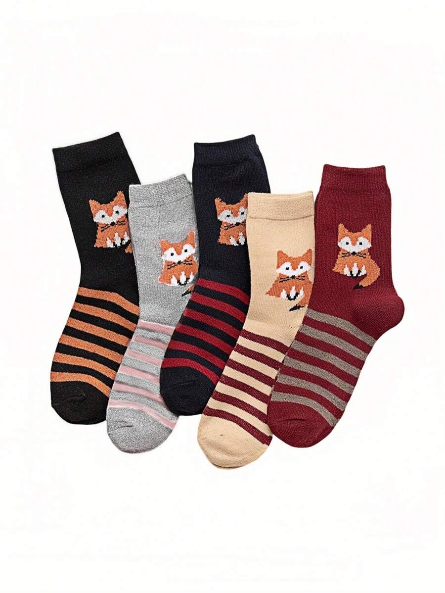 5 双装女士冬季厚款保暖可爱狐狸拼接纯色卡通动物图案时尚休闲过膝袜 - 彩色 - 查看 1
