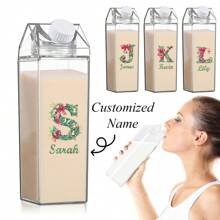 定制名称 500ml 透明牛奶纸盒杯 时尚水瓶 独特简约水杯 冷饮果汁牛奶容器 非常适合学校午餐和家庭早餐 防溢饮料杯 圣诞主题创意字母设计 - 透明 - 查看 6
