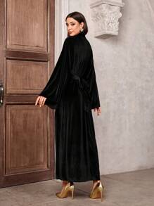 新款春夏沙特阿拉伯金丝绒连衣裙喇叭袖腰带拉链衬衫 - 黑色 - 查看 3