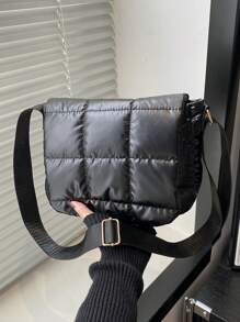 Women Solid Color Plaid Quilted Contrast Color Shoulder Bag With Magnetic Closure Flap Cover Small Crossbody Bag - Black - View 1