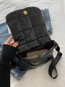 Women Solid Color Plaid Quilted Contrast Color Shoulder Bag With Magnetic Closure Flap Cover Small Crossbody Bag - Black - View 3