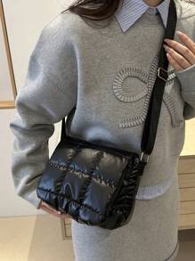 Women Solid Color Plaid Quilted Contrast Color Shoulder Bag With Magnetic Closure Flap Cover Small Crossbody Bag - Black - View 2