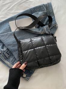 Women Solid Color Plaid Quilted Contrast Color Shoulder Bag With Magnetic Closure Flap Cover Small Crossbody Bag - Black - View 6