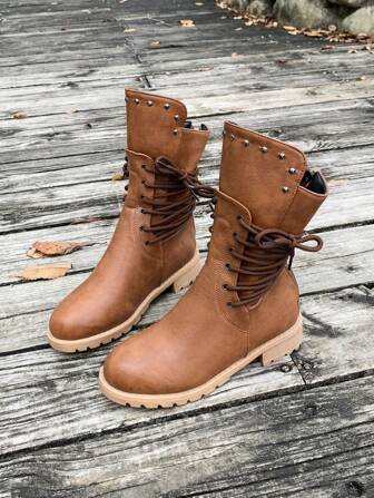 New Fashionable Short Boots, Solid Color Lace-Up Casual Women Boots, Versatile Slim Fit Ankle Boots, Vacation Style Short Boots, Rivet Strap Punk Style Short Boots, Suitable For All Occasions