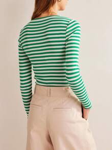 Women's Rib Knitted Striped T-Shirts Contrast Color Slim Fit Long Sleeve Round Neck Casual Tee Tops - 綠色 - 查看 3