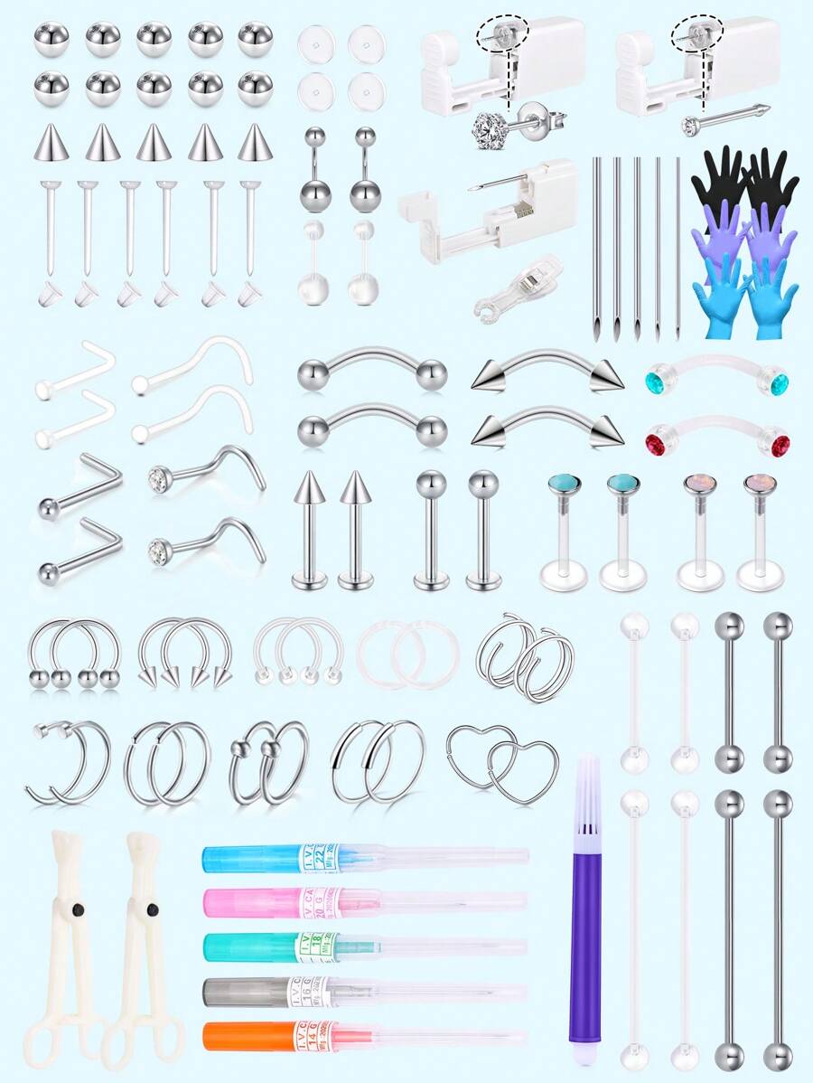 2-31pcs Body Septum Piercing Kit 14G 16G 18G 20G 22G Tools For Nose Tongue Lip Ear Eyebrow Belly Button Cartilage Tragus Industrial Barbell Helix Daith Piercing Jewelry Clamps