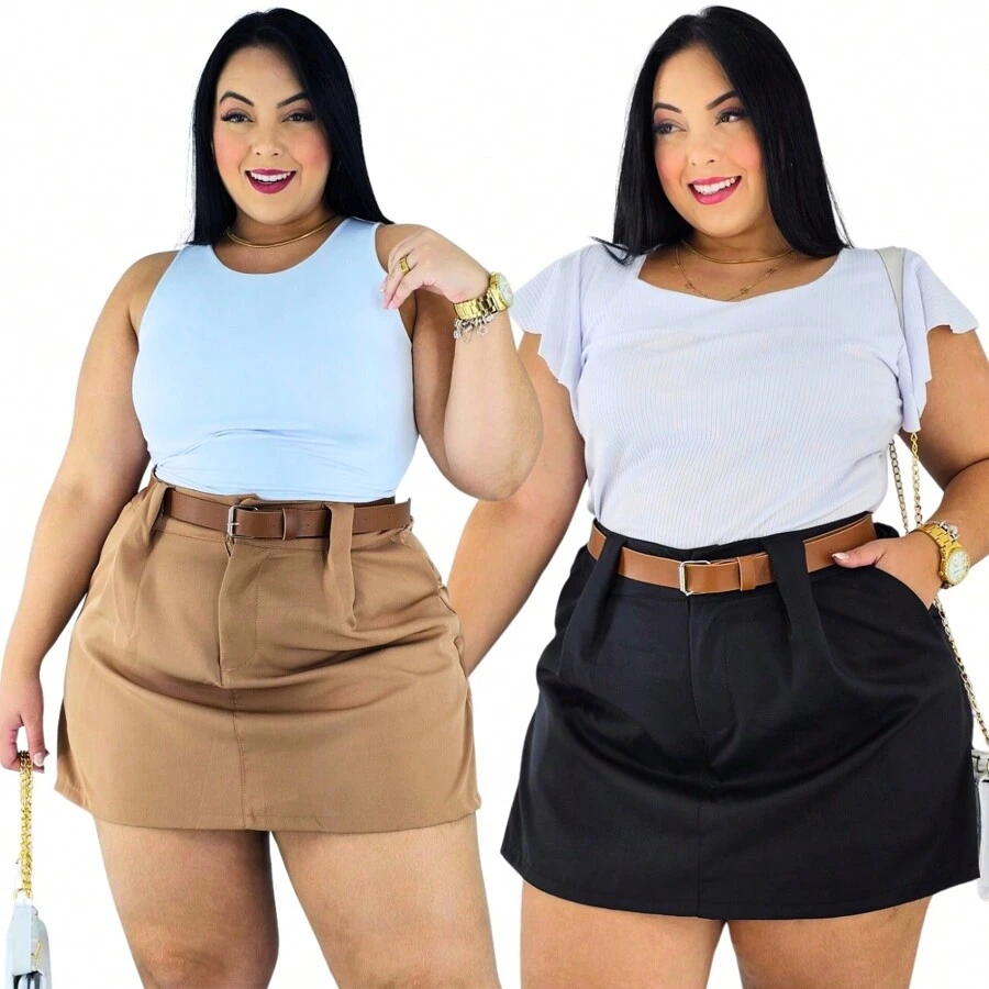 Short Skirt Plus Size Tailored With Belt Various Colors Summer - 套件 2 黑色/米色 - 查看 1