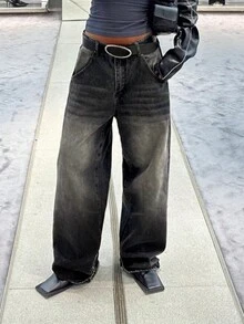 MYOURSA Y2K 高腰宽松阔腿水洗复古牛仔裤，女士休闲街头风，黑色