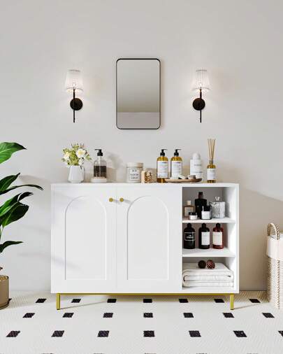 HEXCELEN Bathroom Storage Cabinet, Bathroom Floor Cabinet With 3 Open Adjustable Shelves And 2 Doors, Large Storage Capacity Cupboard For Bathroom, Living Room, Entryway, Kitchen