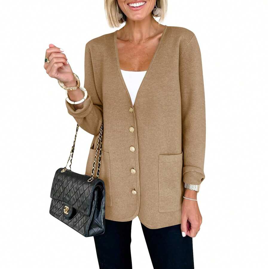 Womens V Neck Cardigan Button Loose Knit Sweater Blazer Open Front Elegant Cardigans With Pockets - 卡其色 - 查看 1