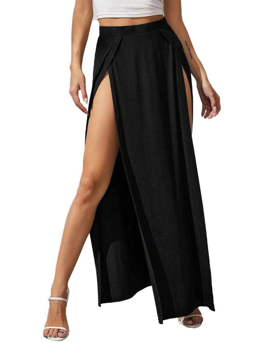 Women's Elastic High Waist Skirt, Solid Color Side High Split Loose Fit Sweat Absorption Long Beachwear Skirt - 黑色 - 查看 1