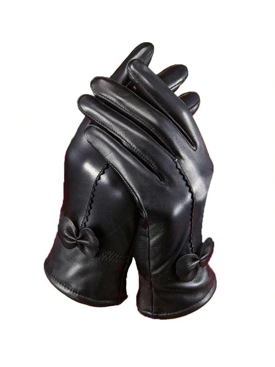 Leather Gloves For Women Winter Warm Genuine Sheepskin Leather Gloves With Thermal Cashmere Knitted Lining Driving Fashion Glovec - 黑色 - 查看 1