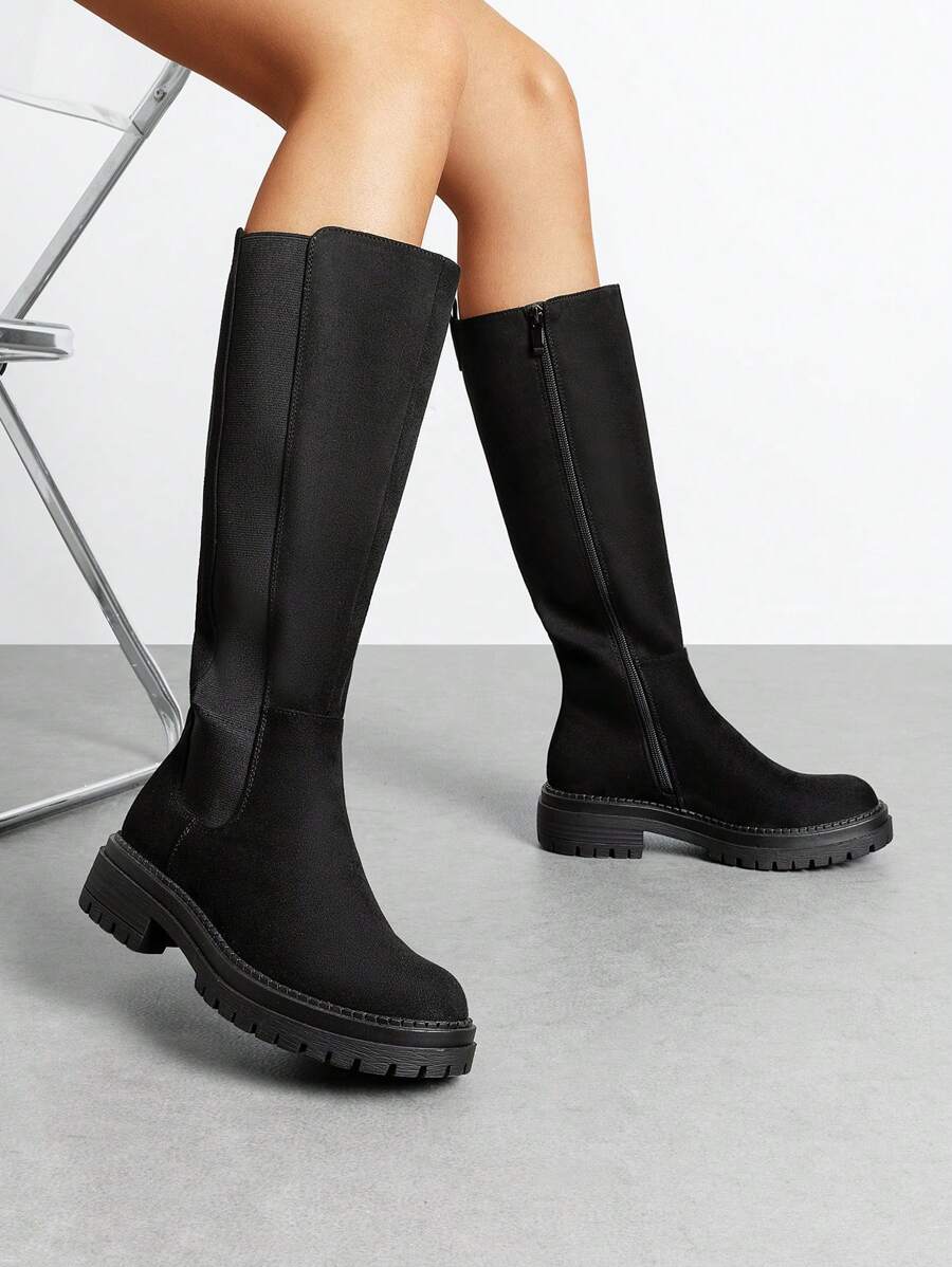 Women's Round-Toe Knee-High Boots Pull On  Flat Solid Color Comfortable Fashionable Boots - BLACK-SUEDE - View 1