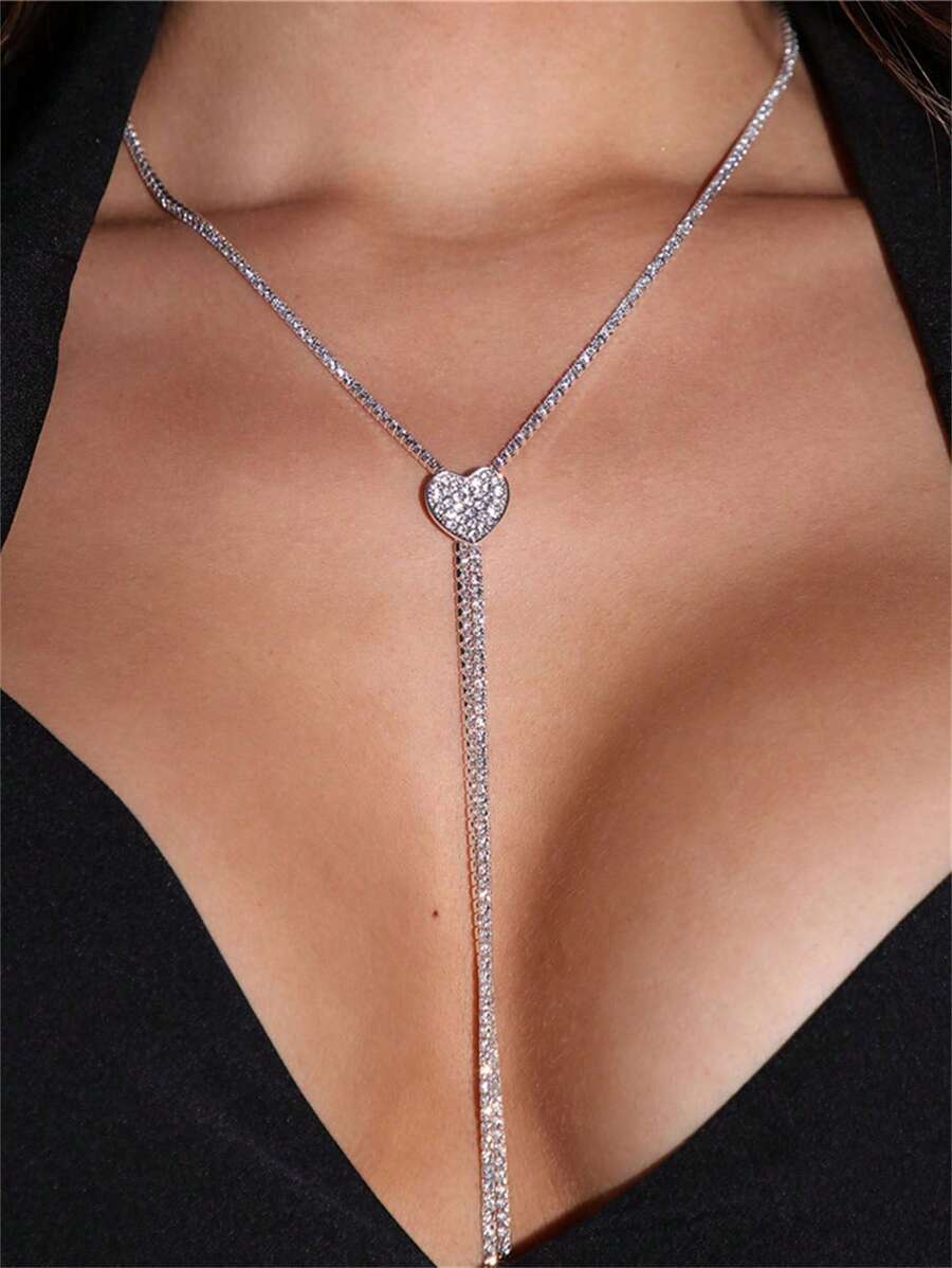 1 件白色心形水晶水钻流苏颈链，闪亮珠宝，适合女士派对晚礼服 - 銀色 - 查看 1