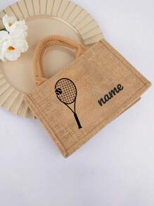Customized Personalized Gift Bag With Tennis Racket Pattern Text, Suitable For Carrying Memories In Handbags, Large Capacity Waterproof Shopping Bags, Fashionable Storage Bags, And Super Linen Handbags. Suitable For Weddings, Birthdays, Beaches, And Holidays, The Best Gift To Give To Friends