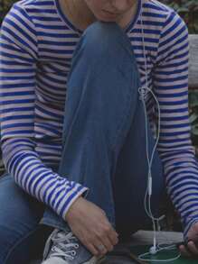 Women's Rib Knitted Striped T-Shirts Contrast Color Slim Fit Long Sleeve Round Neck Casual Tee Tops - Blue - View 5