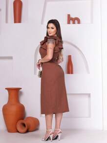 Bruna Dress With Elegant One-Sleeve Detail - Rust Brown - View 4