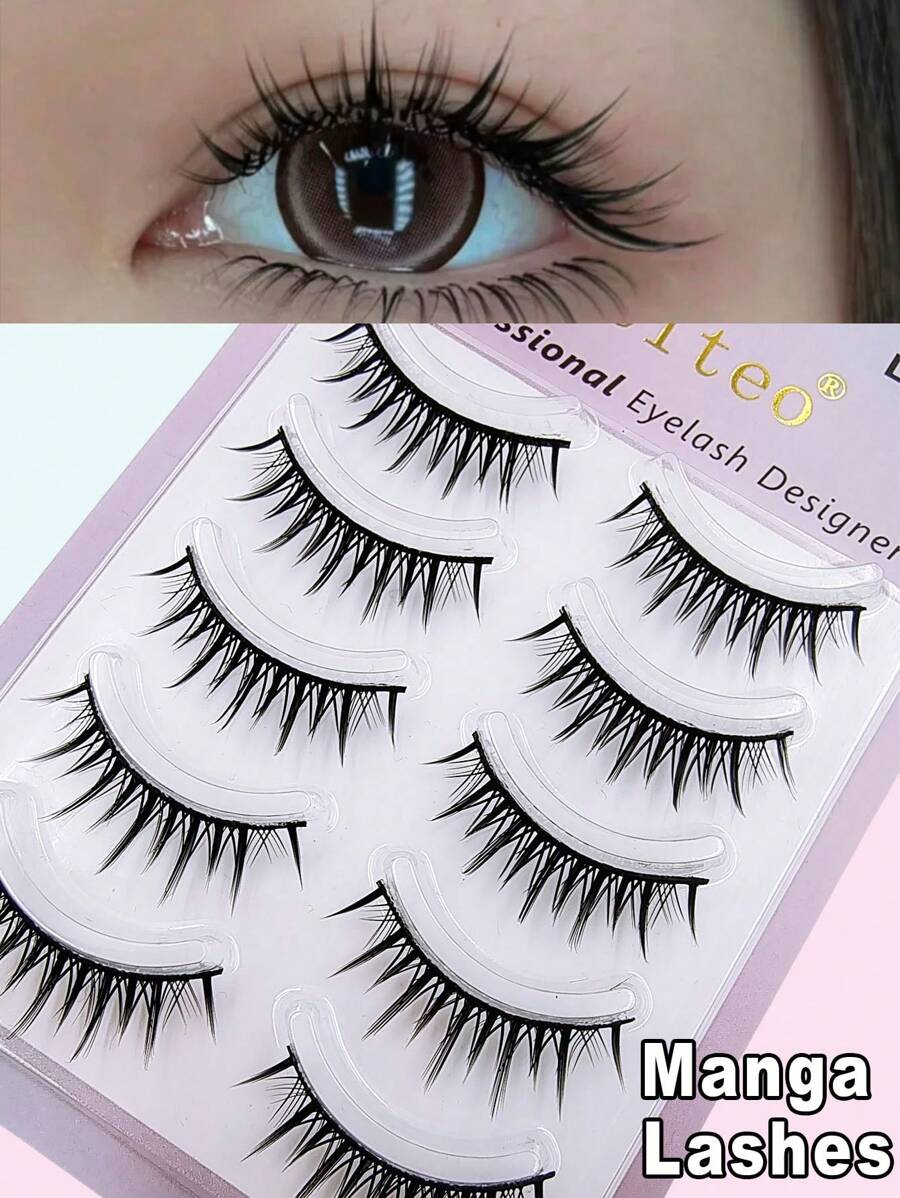 Asiteo 5 Pairs Manga Lashes Faux Mink Eyelashes, Natural & Thick, Lash Extension, Essential Makeup Tool For Travel - 黑色 - 查看 1