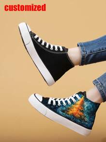 Customized Photo/Logo/Pattern Print Women's Sneakers Personalized Breathable Canvas Mid Top Lace Up Platform Soft Shoes, Anti-Skid Casual For Outdoor Daily,Gift For Halloween/Christmas/Thanksgiving Day