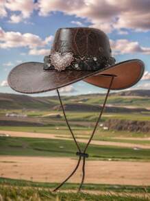 1 pièce Chapeau haut de forme en feutre avec un cœur en métal incrusté de strass, élégant et convenant pour les voyages, les fêtes, les soirées western cowboys et l'usage quotidien pour la Saint-Valentin