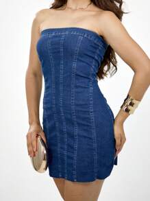 Strapless Denim Dress With Low-Cut Zipper And Tidy - 深色水洗藍 - 查看 4