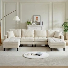 122.5-Inch Oversized U-Shaped Modular Sofa, Corduroy Fabric Sofa, Living Room Sectional Sofa With 2 Pillows, Two Ottoman, Plastic Leg, Black - Beige + Corduroy + Foam + 4 Seat - View 10