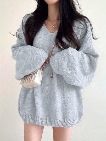 Women's Casual Solid Color V-Neck Loose Oversized Sweater, Autumn/Winter