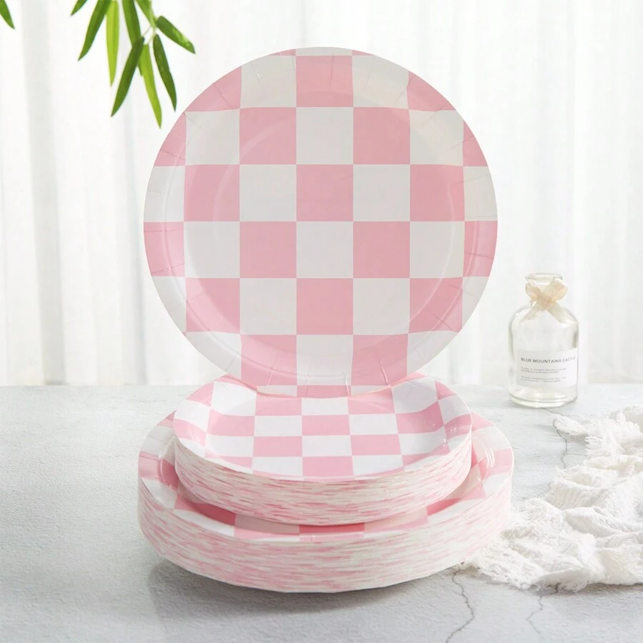 24pcs Pink And White Checkered Paper Plates, Disposable Checkered Party Plates, Suitable For Parties, Gatherings, Birthdays, Celebrations - Multicolor - View 1