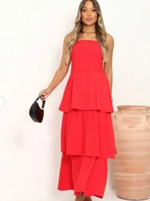 Eva Long Dress With Thin Straps In Layers, Various Colors, Summer - Red - View 1