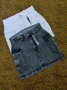 Kit 2 Women's Cargo Denim Skirt With Elastane - Nhiều màu - Xem 4