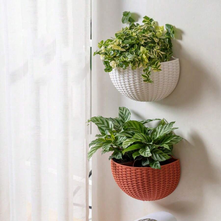 1pc European-Style Imitation Rattan Wall-Hung Semi-Circular Flower Pots, Non-Perforated Hanging Flower Baskets, Balcony Slouchy Flower Pots, Wall-Hung Hydroponic Flower Pots