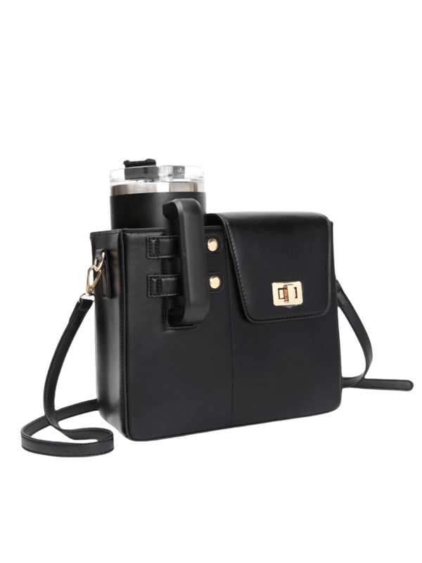 Outdoor Portable Crossbody Cup Storage Bag With Adjustable Shoulder Strap, Casual PU Handbag Storage Bag For Beverage Containers, Multifunctional Travel Bag Organizer Organization